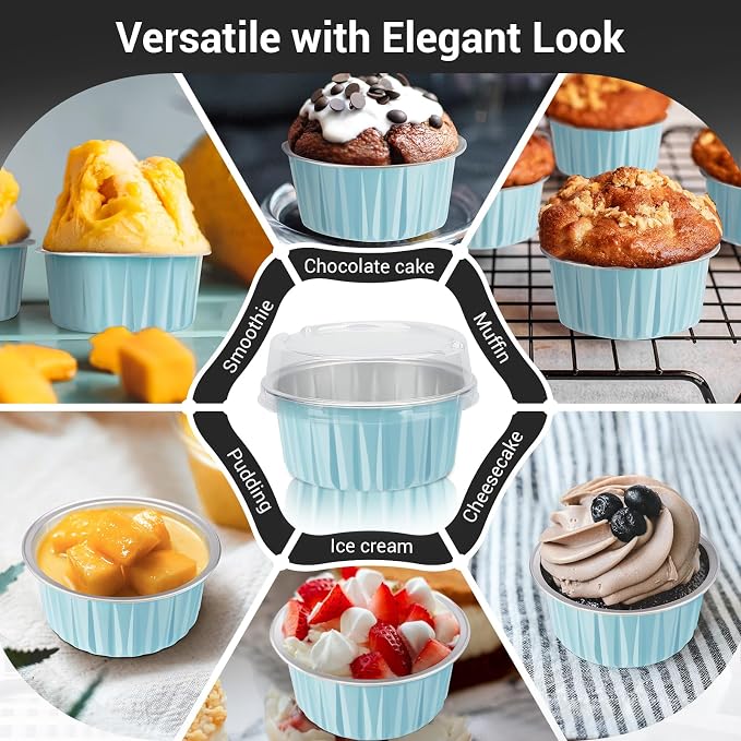 EUSOAR Aluminum Cups with Lids, 50pcs 5oz 125ml Foil Cupcake Baking Cups Oven Safe Ramekins, Muffin Liners Creme Brulee Containers Disposable Ramekins Pans Cupcake Holders