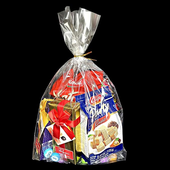 PigPotParty Cellophane Bags 12x16 Inch, 50 Pack Clear Plastic Gift Bags with Bottom Gusset for Stand-Up Display, Medium Cello Wrap for Large Goodies, Treats, Party Favors, Mugs, Includes 50 Gold Ties