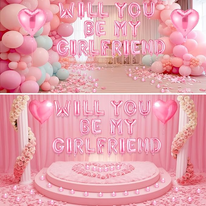 Will You Be My Girlfriend Balloon Proposal Decor 24 LED Flameless Tealight Heart Candle 2000 Artificial Rose Petals Love Balloon for Engagement Wedding Decor Romantic Special Night(Pink)