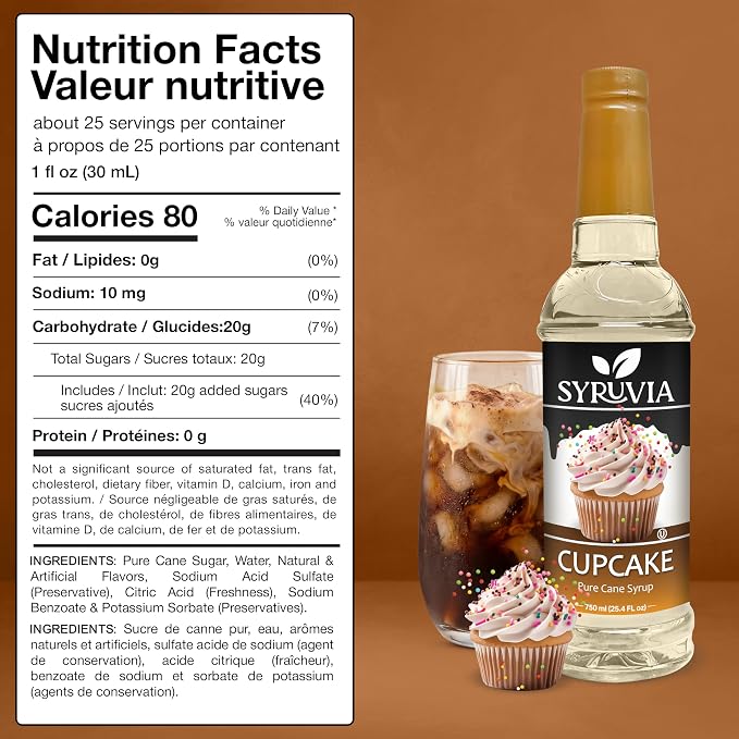 Syruvia Coffee Syrup, Cupcake Flavored Syrup for Drinks, Lattes, and Desserts – 25.4 fl oz - with Pump