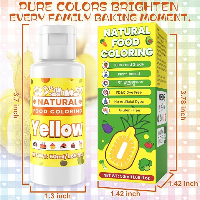 Yellow Natural Food Coloring - 50ml Plant Based Food Dye, No FD&C & Artificial Dyes, Gluten-Free, Food-Grade, Vibrant Liquid Colors for Icing, Baking, Cake Decorating, Frosting, Fondant, Slime - 1.69 Fl.Oz Bottles