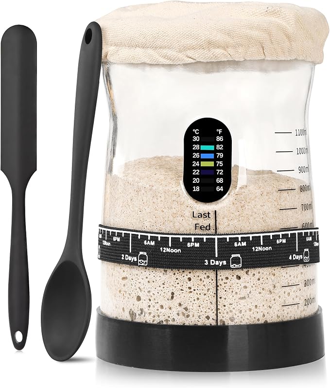 50 oz Large Sourdough Starter Jar Glass - Wide Mouth Sourdough Starter Kit with Lid for Beginners with Spatula, Feeding Instructions & Recipes (1 Pack)