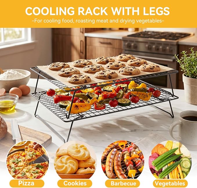 Cooling Rack with Legs, Nonstick Collapsible Wire Rack Stackable Cooling Grid Cookie Wire Grid with Folding Leg for Cooking, Baking, Roasting, Drying Cookie Cake Pizza