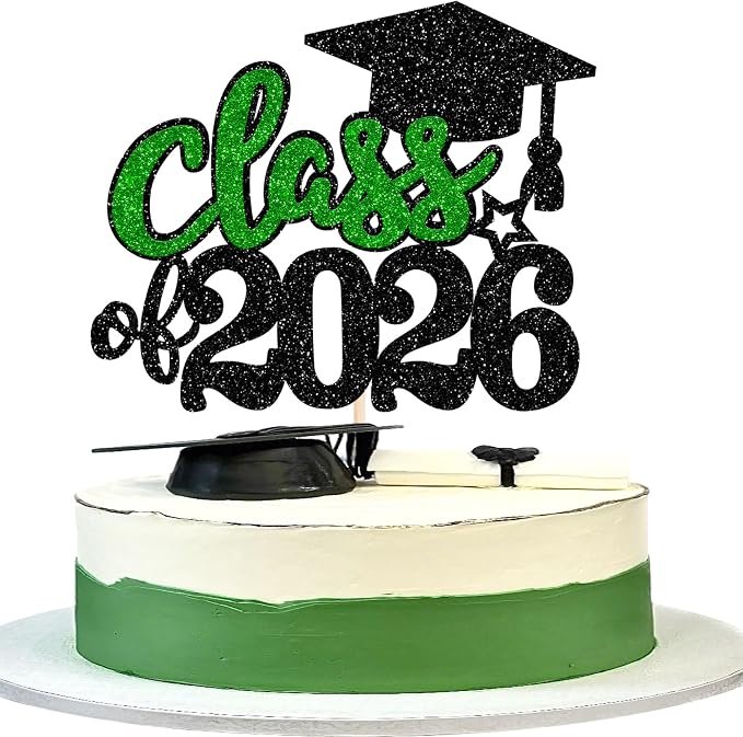 1 Pack 2026 Graduation Cake Topper Glitter Grad Cap Diploma Cake Decorations 2026 Senior Graduation Cake Pick for 2026 School Graduation Theme Party Cake Decoration Supplies Green Black
