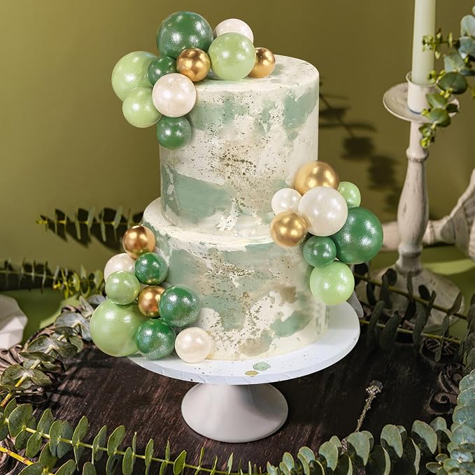 Ball Cake Topper Ball Cake Picks Colorful Pearl Ball Shaped Cupcake Insert Cake Topper for Bear Theme Birthday Party Favors Wedding Decoration (Green White Gold)