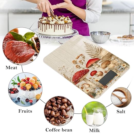 Food Scale Kitchen Scale for Baking Cooking Digital Food Weighing Measuring Scale Small Waterproof Electric Food Scale Watercolor Forest Mushroom Beige