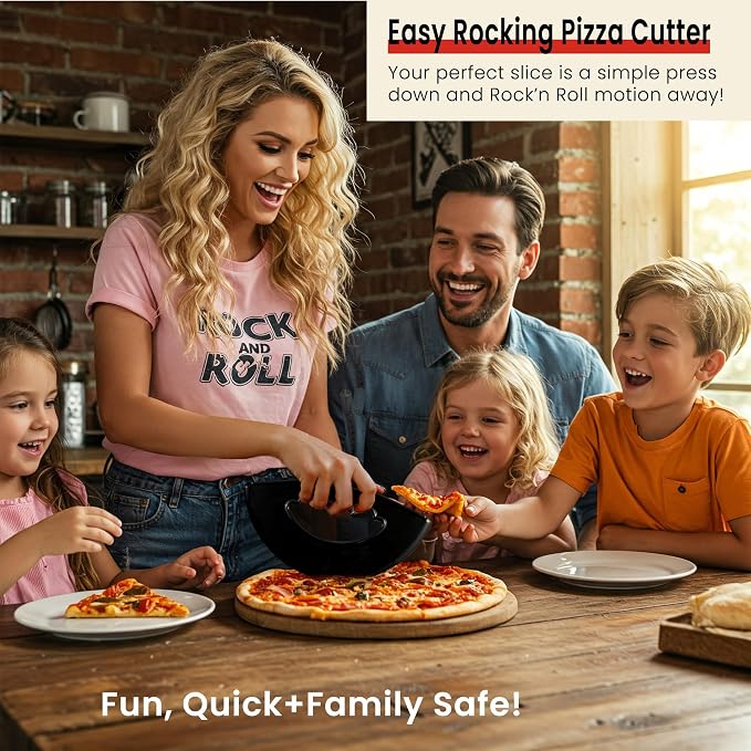Rock'n Roll Pizza Cutter, Plastic, Non-Stick, Rocking, 9 inch, Easy to Clean, Dishwasher Safe, Handheld Pizza Slicer, Easier Slicing Tool, Baking Tools, Pastry Bread Cutting knife, Made in USA, Black