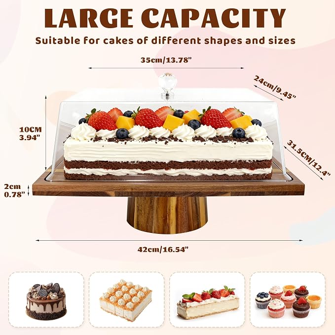 Jolitac Acacia Wood Cake Stand with Lid - Extra Large 17" Rectangular 2-in-1 Dessert Display & Charcuterie Board, Shatterproof Acrylic Dome for Freshness, Perfect for Weddings Parties Gifts