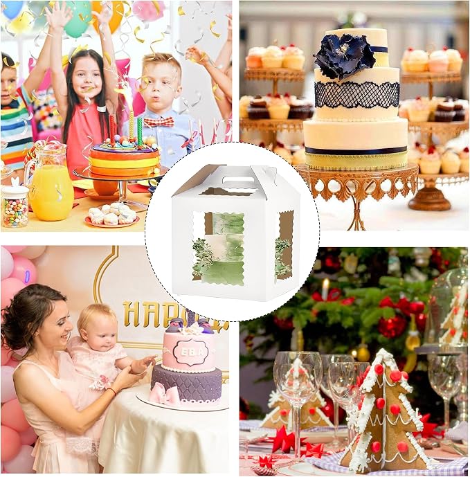 XININSUN 12x12x12 Inch Square Tall Cake Box with 6 Windows, Transport Carrier Container for Wedding, Birthday, Party Cakes