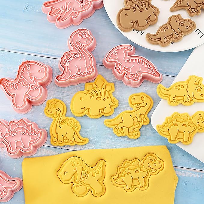 Dinosaur Cookies Cutter with Cookie Stamps 8 Pieces Set 3D Cute Dino Shaped Biscuit Cracker Cutters for Kids (Dinosaur B)