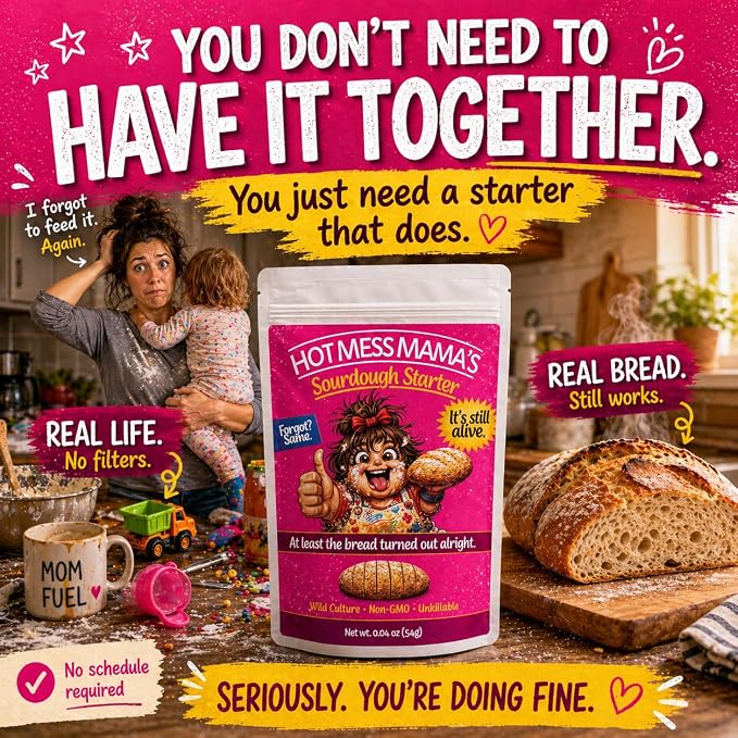 Hot Mess Mama Sourdough Starter Culture – Dehydrated Wild Yeast Sourdough Bread Starter for Homemade Artisan Bread Baking, Live Active Cultures, Unbleached Flour, Reusable Baking Culture