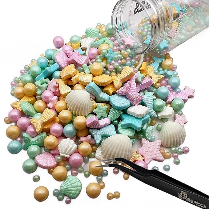 SE Si&Moos Edible Mermaid and Shell Sprinkles Mermaid Cupcake Toppers Beach Cake Decoration Shower Party Birthday Holiday Supplies 3.5 OZ with Tweezers