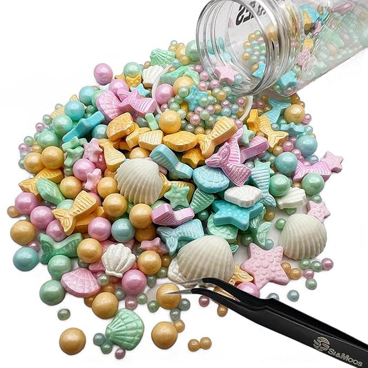 SE Si&Moos Edible Mermaid and Shell Sprinkles Mermaid Cupcake Toppers Beach Cake Decoration Shower Party Birthday Holiday Supplies 3.5 OZ with Tweezers