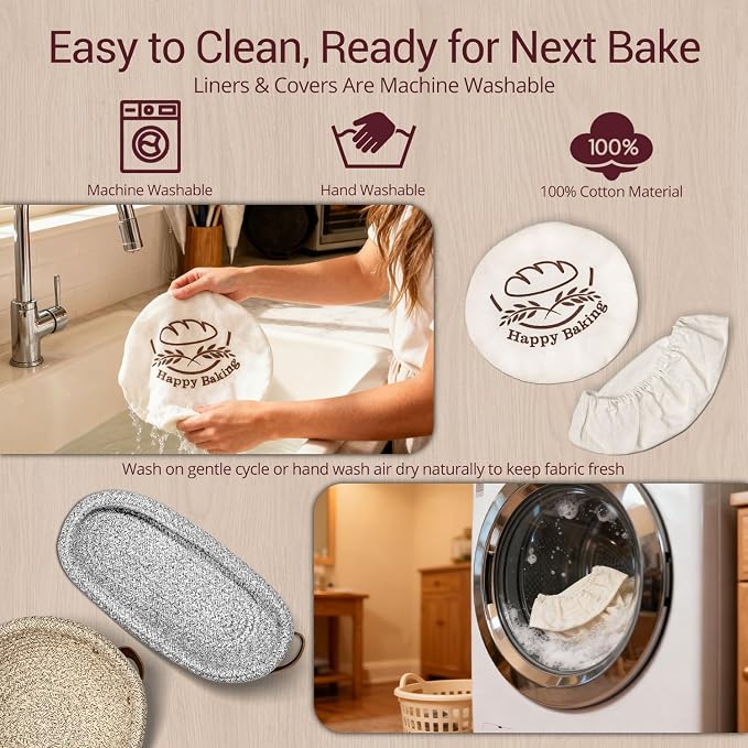 Sourdough Proofing Basket - Banneton Bread Proofing Basket, 9" Round & 10" Oval Cotton Rope Banneton Basket Set with Liners & Covers for Bread Baking