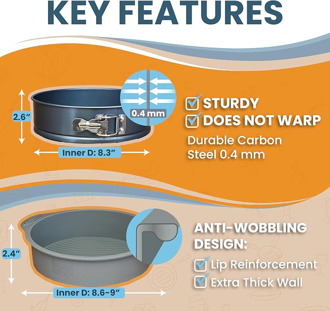 8 Inch Springform Cake Pan NONSTICK - Cheesecake Pan with Silicone Sleeve – NO LEAKS in Water Bath - No Foil Wrap Needed - Easy Cake Release – Sturdy Build - Heavy-Gauge Carbon Steel 0.4 mm