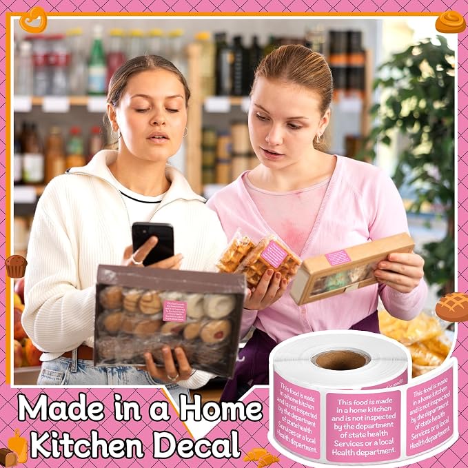 500 Count Cottage Food Law Labels Stickers 1.5” Pink Square Food Stickers Made in a Home Kitchen Decal Thermal Printed Labels for Home Kitchen Bakery Bread Sourdough