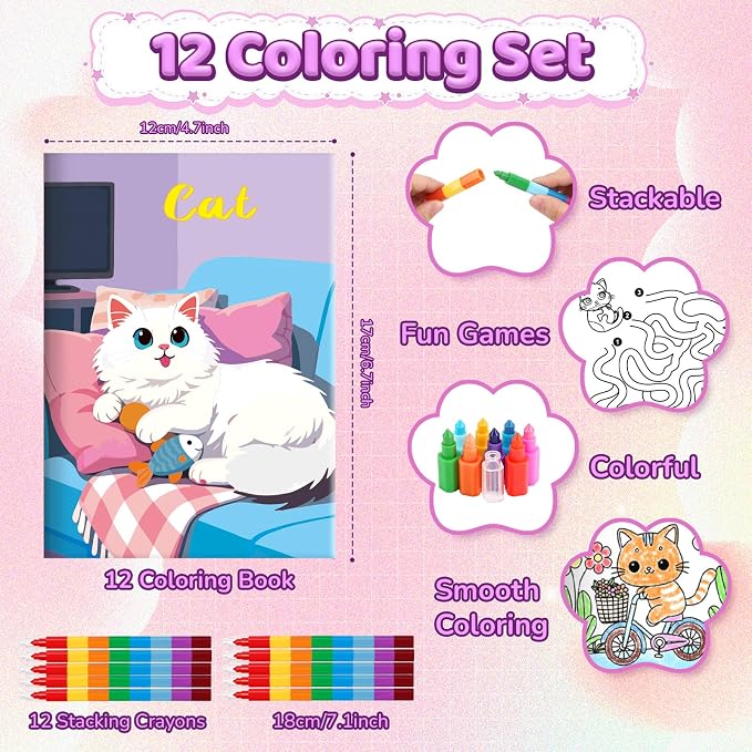 BenLouis 12 Cat Mini Coloring Books Kids with 12 Stacking Crayons Cute Kitten Small Party Favors Small Activity Books Bulk for Kids Pet Party Gift Goodie Bag Stuffers