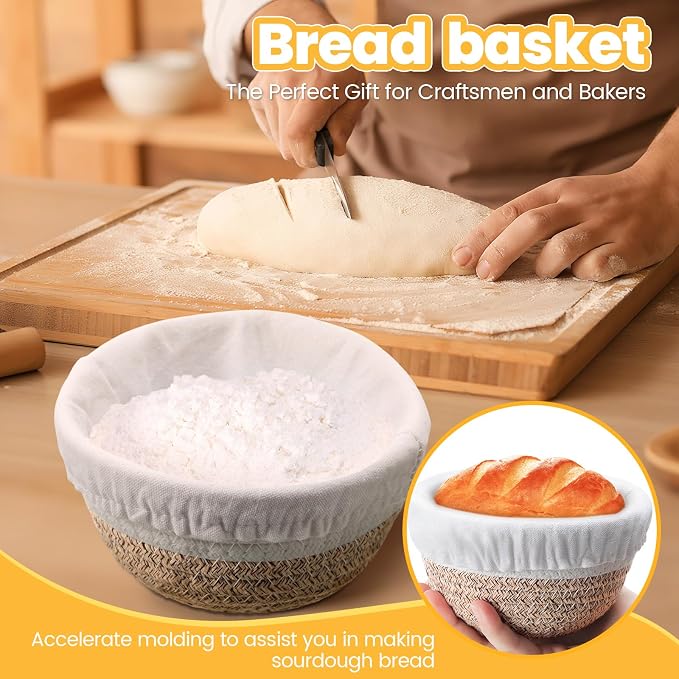 Honeydak 6 Pcs Cotton Rope Banneton Bread Proofing Basket Sets Round Sourdough Bowls with Two Liners for Artisan Sourdough Bread Making Handmade Kitchen Professionals (5",White, Brown)