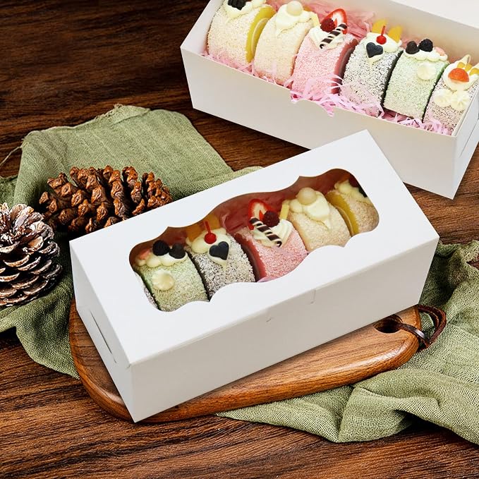 50pcs 9x4x3.5 Inch Cookie Boxes White Bakery Boxes with Window Treat Boxes Present Boxes for Roll Cakes, Desserts, Muffins, Donuts, Candies and Pastries(9 Inch)