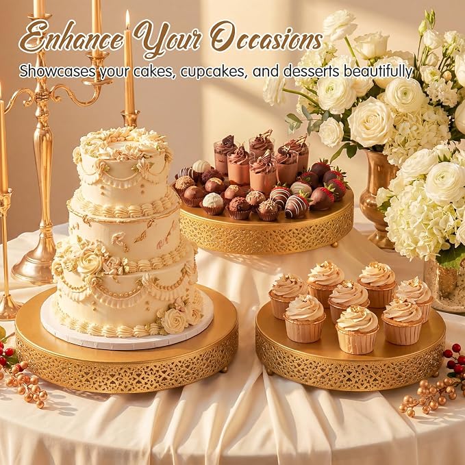 Wenqik 5 Pcs Metal Gold Cake Stand 16/14/12/10/8 Inch Round Cake Holder Display for Dessert Table Cookies Fruit Serving Tray Cupcake Pastry Riser for Wedding Birthday Party and Events