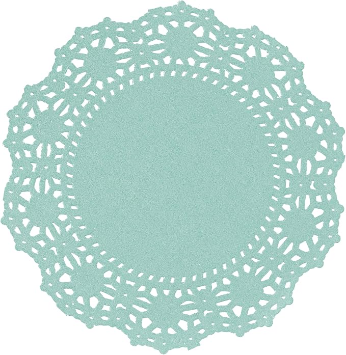Pastry Tek 4 x 4 Inch Paper Lace Doilies, 100 Disposable Table Doilies - Elegant Lace Finish, Long Lasting, Teal Paper Doily, for Pastries, Cupcakes, Desserts - Restaurantware