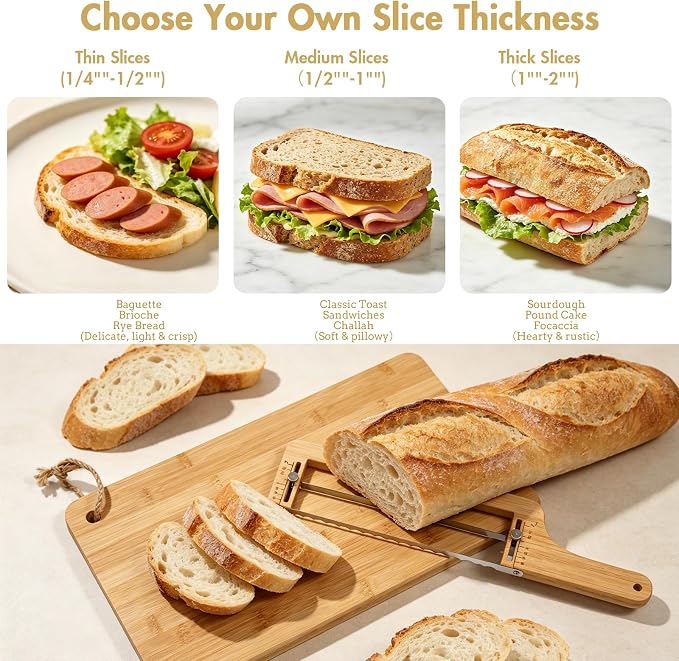 Adjustable Bread Knife Set, Bread Slicer with Cutting Board for Homemade & Sourdough Loaves, Precision Thickness Guide, Magnetic Storage, Bow Bread Cutter Gift for Artisan Bakers