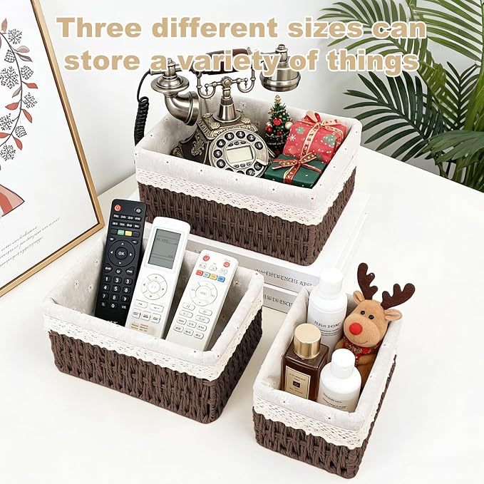 Wicker Storage Baskets 3-Pack Set, Hand-Woven Paper Rope Rattan Bins with Removable Liner, Multi-Size Organizer Baskets for Pantry, Countertop, Bedroom, Bathroom, Shelves (Dark-Brown, L+M+S)