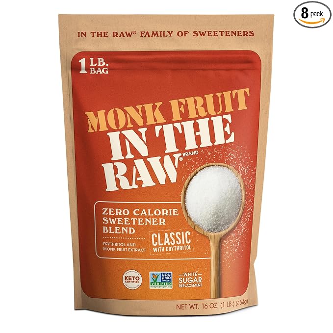 Monk Fruit In The Raw Sweetener Baker's Bag, 16 oz., Keto Certified Monk Fruit Sweetener, Zero Calories, Zero Net Carbs, Non-GMO Project Verified (Pack of 8)