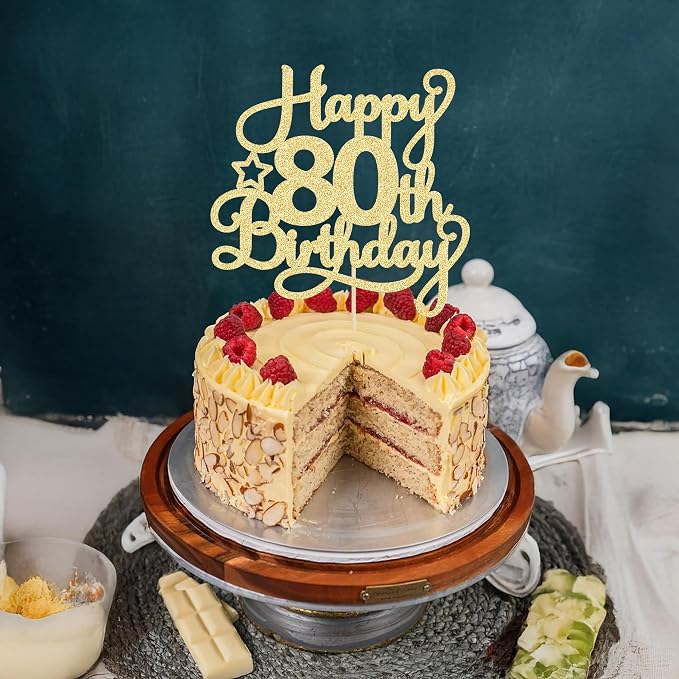 1 Pack Happy 80th Birthday Cake Topper Gold Glitter 80 & Fabulous Cheers to 80 Years Old Birthday Cake Pick for Celebrating 80th Birthday Anniversary Party Cake Decorations Supplies