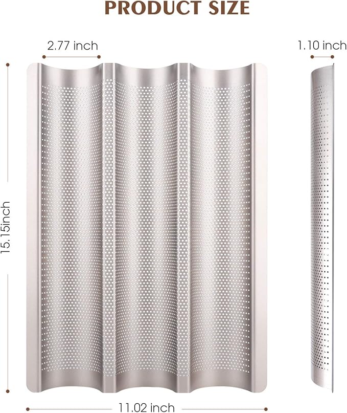 Baguette Pan, French Bread Pans For Baking Pan, Nonstick 3 Slots Perforated Italian Loaf Pan Mold Long French Bread Pan,Golden