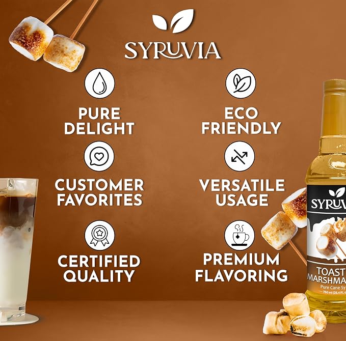 Syruvia Coffee Syrup, Toasted Marshmallow Flavored Syrup for Drinks, Lattes, and Desserts – 25.4 fl oz - with Pump