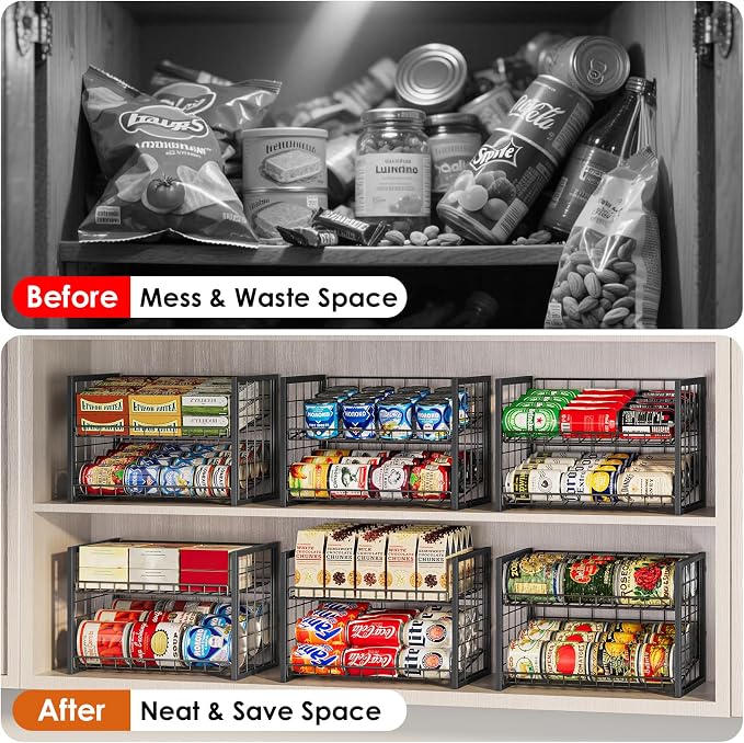 X-cosrack 2 Packs Stackable Can Rack Organizer for Pantry, 2-Tier Sturdy Adjustable Pantry Can Storage Organizer for Canned Food Can Goods, Kitchen Can Dispenser Holder for Soda Drinks Snack, Black