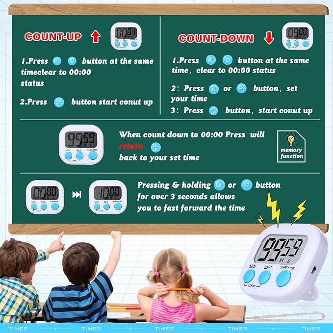 Mwellewm 12Pcs Digital Timers for Classroom Kitchen Timers for Cooking Small Magnetic Stopwatch Mini Countdown Timer Loud Alarm Stop for Study Work Baking Sports Games Office Timer Clock (White)