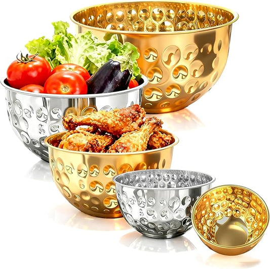 5-Piece Multicolor Stainless Steel Mixing Bowls (4.9/4.2/3.2/2.1/1.6QT), Hammered Design Nesting Metal Mixing Bowl Set for Kitchen, Baking, Cooking, Salad and Home Decor, Dishwasher Safe