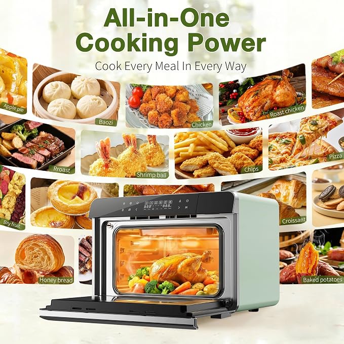 ROBAM Toaster Air Fryer Combi Oven, Countertop Steam Oven 14-in-1 with Convection Steam Roast & Bake, Multi-Stage Cooking, Self-Clean, 7 Modes, 30 Built-In Recipes, for Kitchen Pizza Baking (Green)