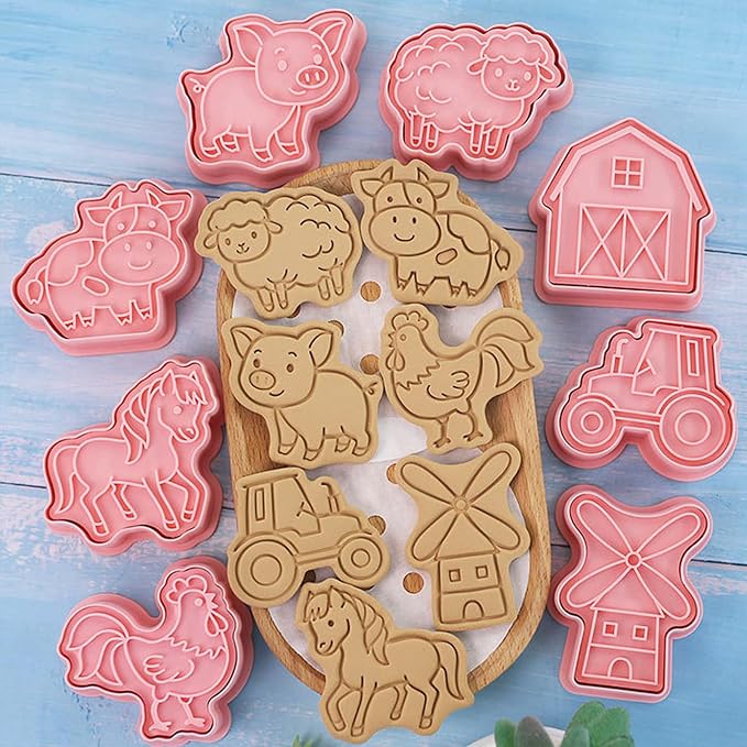 8 Pcs Pig Sheep Cookie Cutters With Plunger Stamps Set 3D Farm-Themed Embossing Cracker Cutters For Baking DIY Biscuit Snacks Cupcakes Fondant Cheese Pastries Frosting Decorations