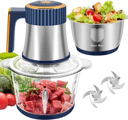 Food Processor, 5-Speed Food Chopper, Electric Meat Grinder, Blue | 2 Bowls (8 Cup+8 Cup) & 2 Sets of Blades, Meat Processor for Meat, Vegetables, Fruits and Nuts
