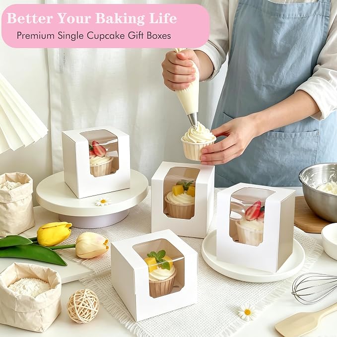 30 Pack Single Individual Cupcake Boxes with Window & Inserts, Auto Pop Up Stackable Food Grade Disposable Muffin Containers 3.5x3.5x3.5 Inch White To Go Bakery Party Favor Gift Boxes