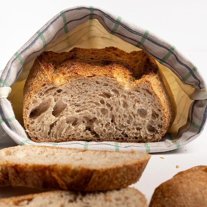 Keeki Bag - The Original Beeswax-Lined Bread Storage Bag (Blue) | Plastic-free Beeswax Wrap Alternative w/ Wide Drawstring Closure, Breathable, Washable Linen for Homemade Artisan Bread