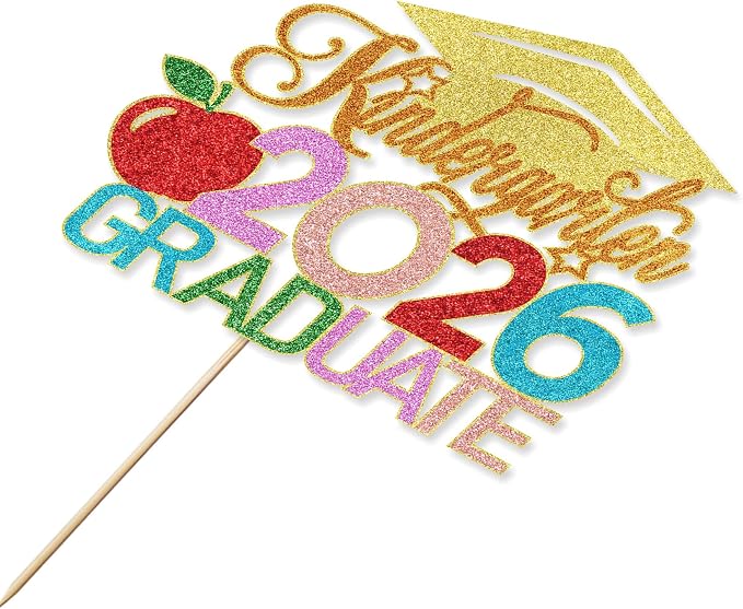 Kindergarten 2026 Graduate Cake Topper, Chirldren Graduation Cake Decorations, Preschool Kindergarten Graduations Party Decoration, Glitter Grad 2026 Happy Graduation (Gold Orange)
