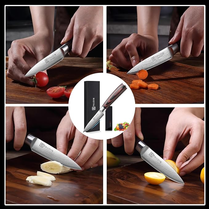 PAUDIN Paring Knife, 3.5 Inch Fruit Knife, High Carbon 5Cr15Mov Stainless Steel Forged Paring Knife, Ultra Sharp Small Kitchen Knife, Ergonomic Wooden Handle with Elegant Gift Box