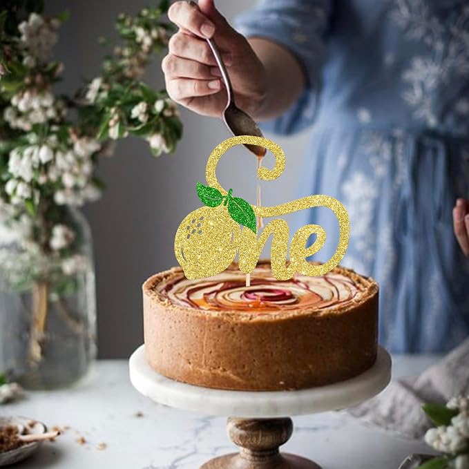 Rsstarxi 1 Pack One Lemon Cake Topper Glitter Happy 1st Birthday Cake Pick for Baby Shower First Birthday Party Cake Decorations Supplies