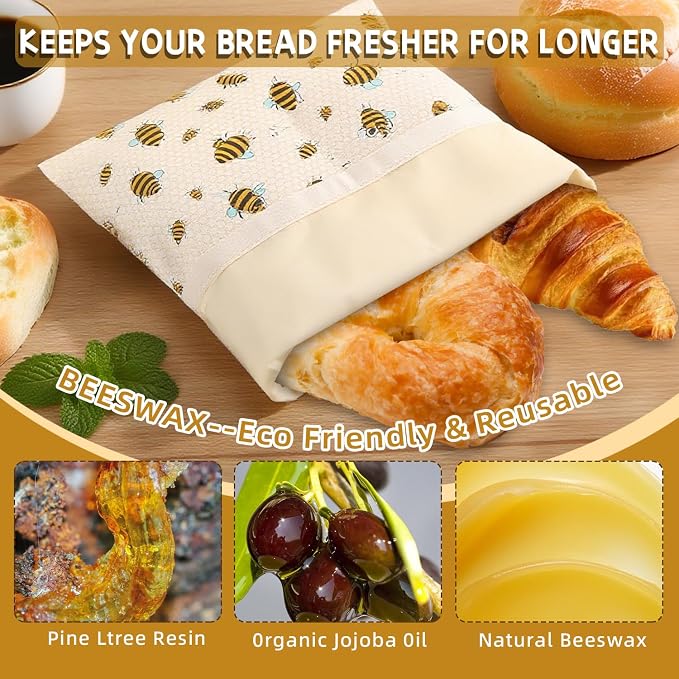 1 Large Beeswax Bread Bags for Homemade Bread Sourdough & 3 Beeswax Wraps, Easy to Clean Reusable Beeswax Breads Bags for Sourdough, 17 X 13 Inch Charming Honeybee Pattern Food Storage Bag