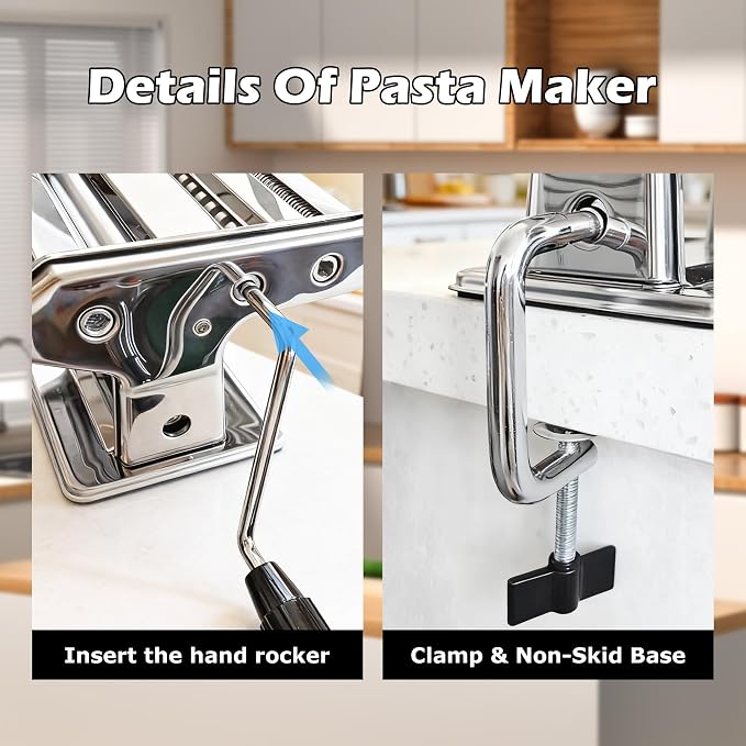 Pasta Maker Machine With 7 Adjustable Thickness Settings, Stainless Steel Manual Noodle Maker,Pasta Roller& Cutters With Removable Handle and Clamp For Kitchen （All-in-One ）