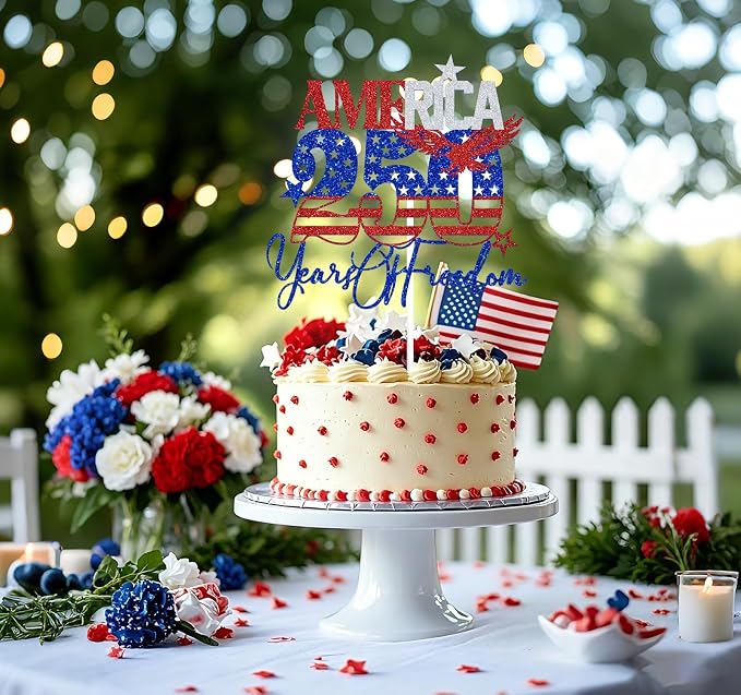 Blue Glitter America 250 Years of Freedom Cake Topper, Land of the Free Because of the Brave/Party in the USA, 4th of July Celebration Party Decorations Supplies