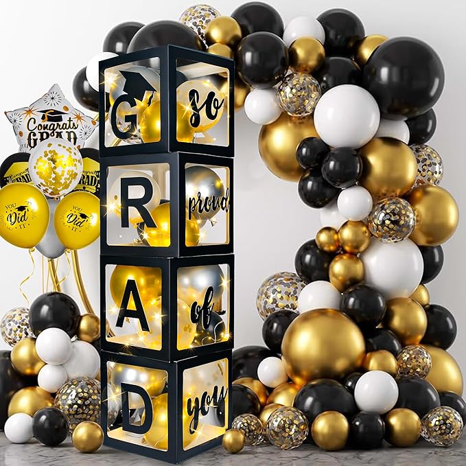 AYGXU Graduation Decorations 2026-Graduation Party Decorations,Graduation Balloons Boxes(4PCS) with LED Light Strings & Letters 2026 GRAD So Proud of You,Party Favors For Any Grades Class.