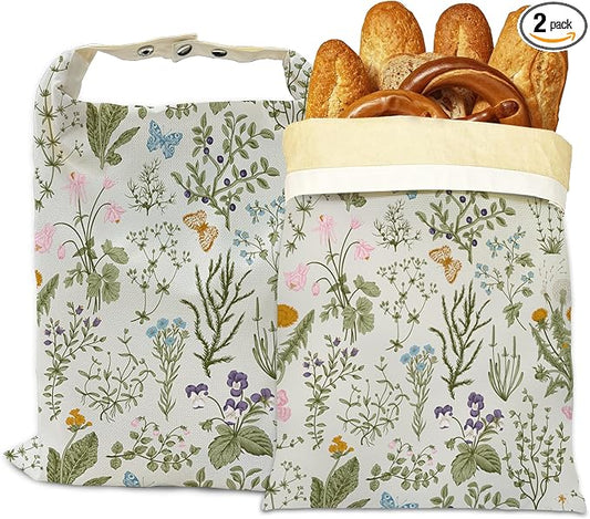 Beeswax Bread Bags, 2 Pack for Homemade Bread and Sourdough Storage | Herbs Wild Flowers Vintage Botanical, Reusable Polyester Bread Storage With Beeswax Coating And Snap Closures