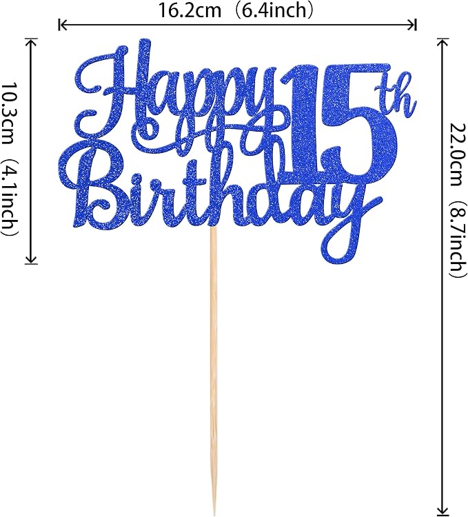 1 PCS Happy 15th Birthday Cake Topper Glitter Cheers to 15 Years Birthday Cake Pick Mis Quince 15 Fabulous Cake Decoration for Happy 15th Birthday Theme Party Decorations Supplies Blue