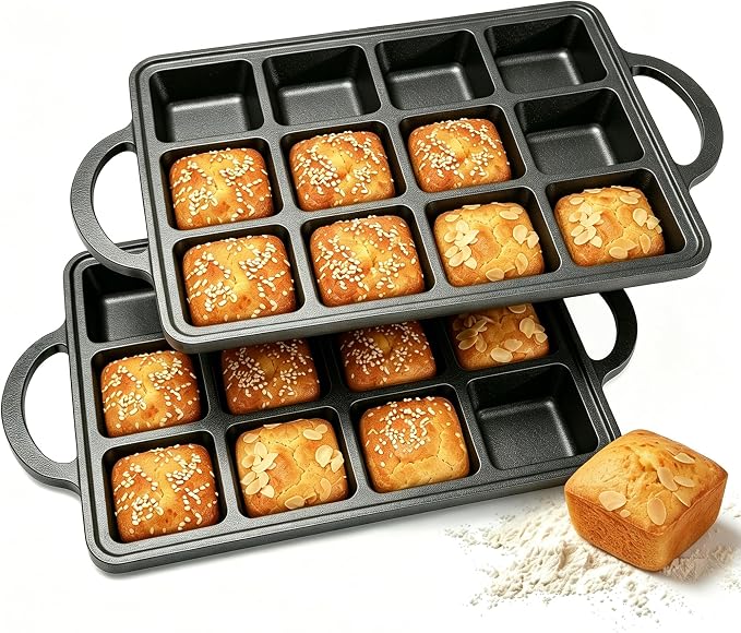 Flavehc 2Pack Cast Iron Brownie Pan with Dividers Individual 12 Cup Cavity Cast Iron Baking Pan for Brownies Square Muffin Pans Molds