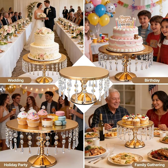 6 PCS Gold Cake Stand Set with Crystal Pendants - Dessert Table Display Set, Metal Cake Holder Stand for Wedding, Party, Birthday, Baby Shower, Event Bridal Celebration
